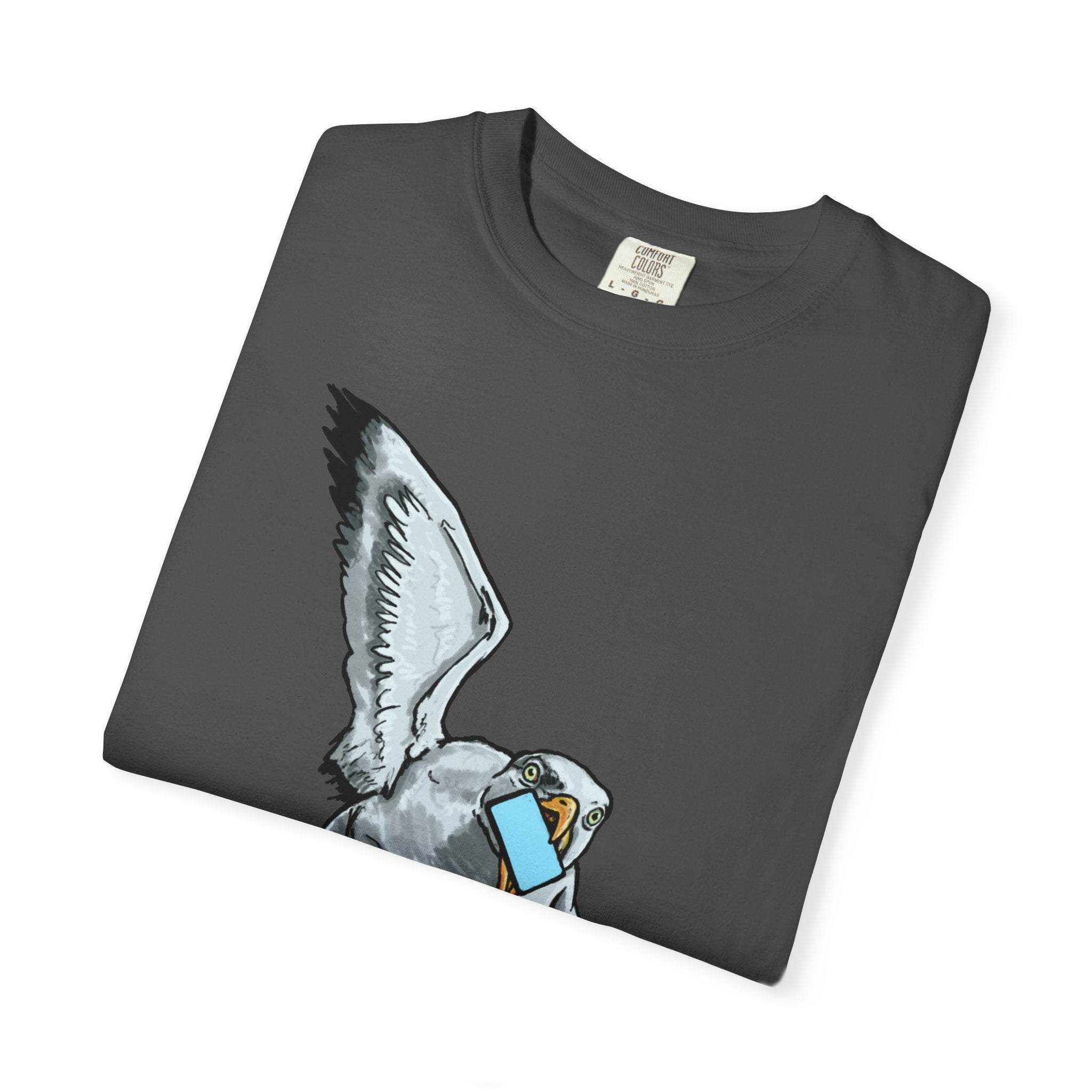 Hand-drawn pizza-stealing seagull monster t-shirt, outstretched wings and purple legs on tee from PizzaBytes collection