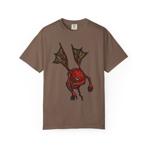 Freaky Features Fire Imp t-shirt, front shows a red bat-winged fire imp, back shows a monster-headed pizza box being raided by little red devils 
