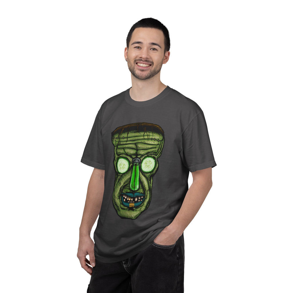 Freaky Features Franky t-shirt, front shows Frankenstein-style monster head with cucumber eyes and poison vial nose, back shows monster-headed pizza box with green pizza frisbee
