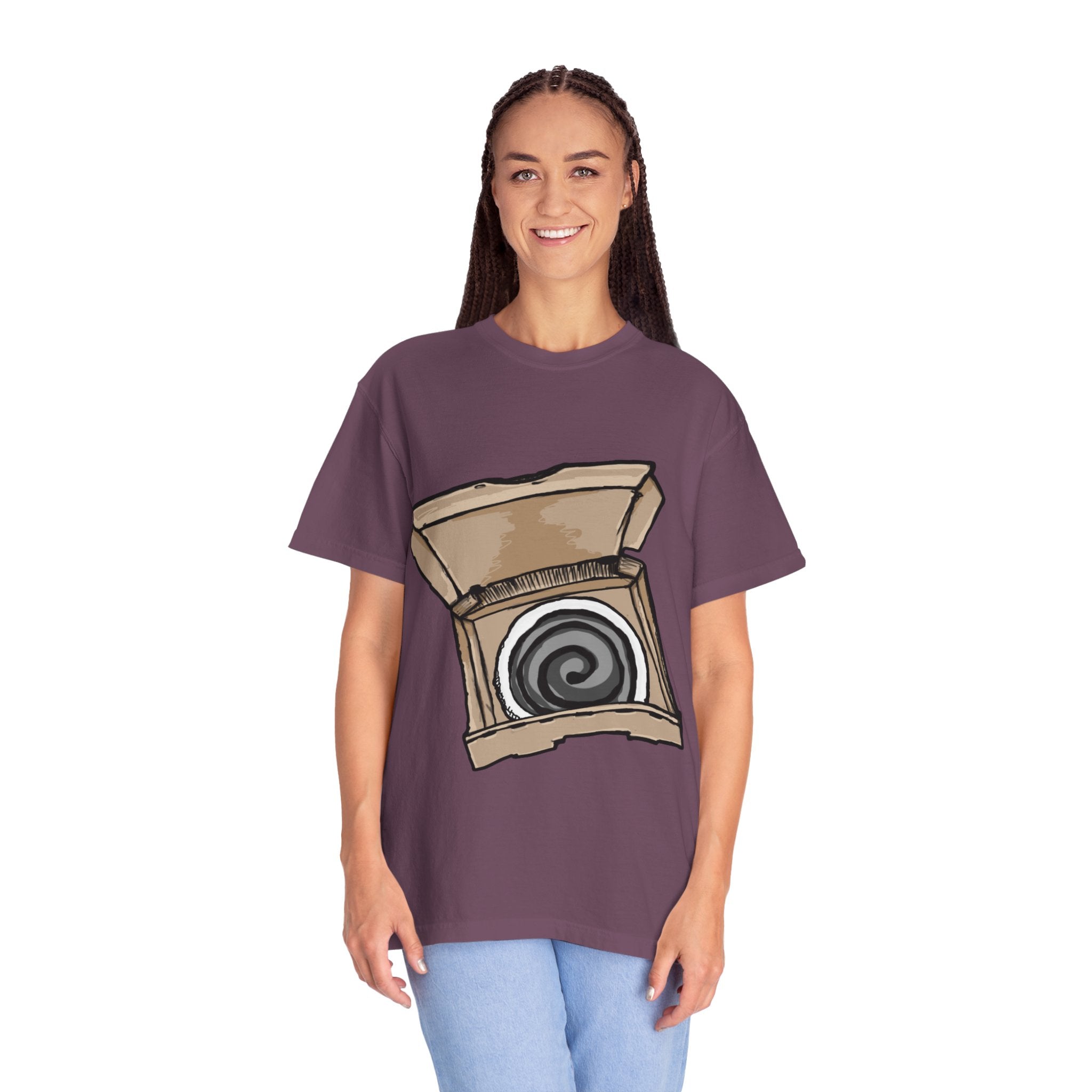 Hand-drawn swirl hypno pizza box t-shirt showing open pizza box with hypnotic spiral pattern from PizzaBytes collection

