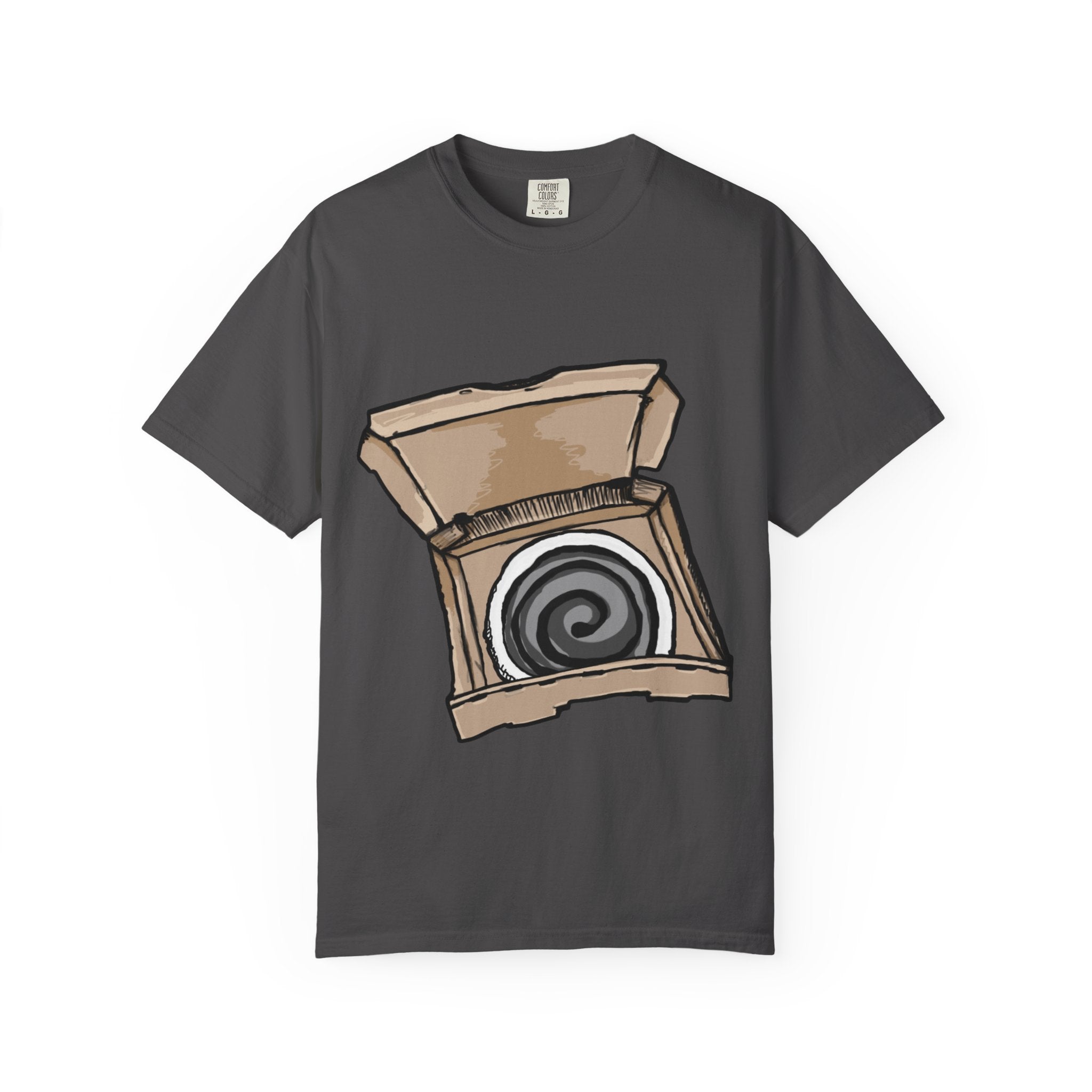 Hand-drawn swirl hypno pizza box t-shirt showing open pizza box with hypnotic spiral pattern from PizzaBytes collection
