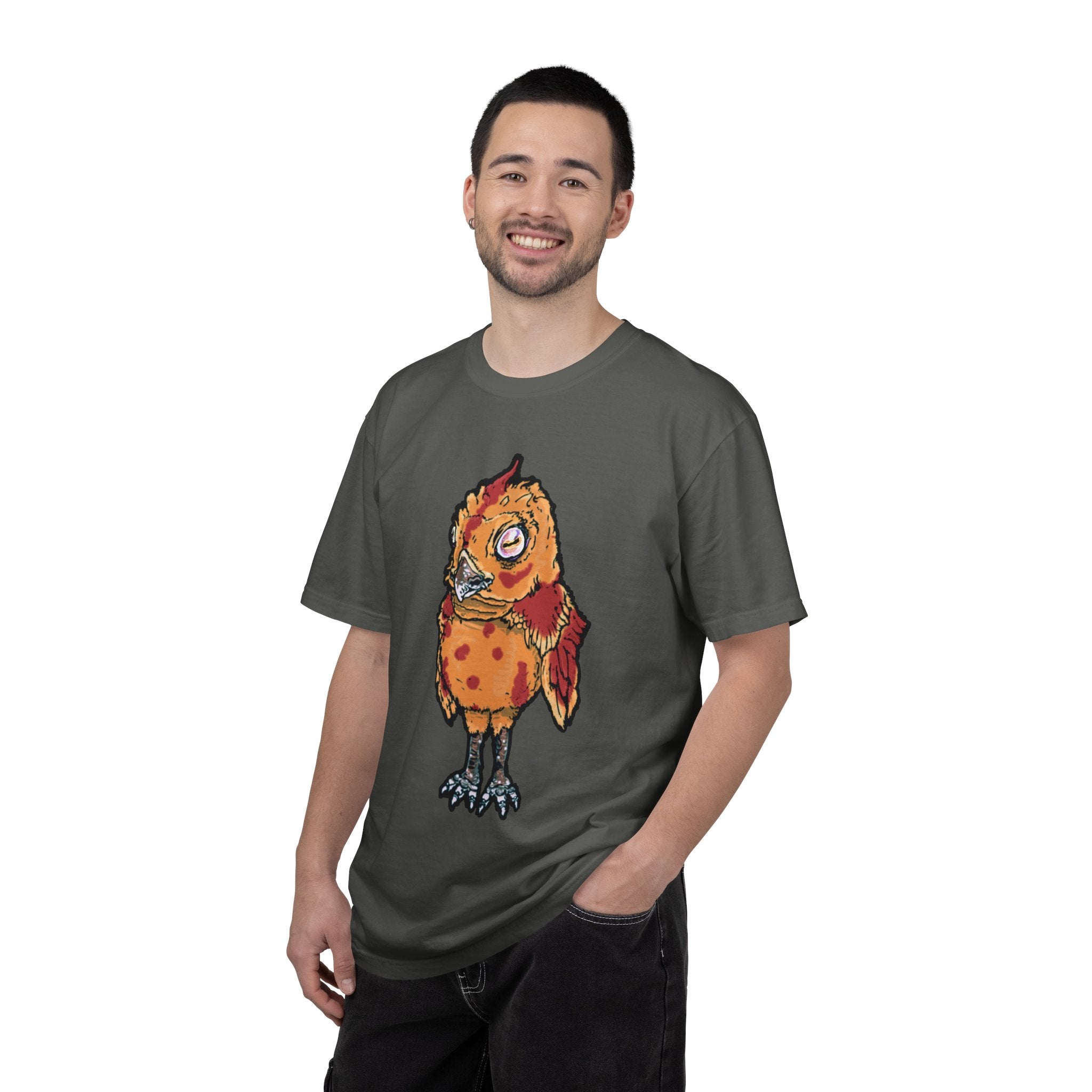 Hand-drawn spotted pizza owl monster t-shirt with melted cheese spots, pepperoni red markings and big multicolored eye tee from PizzaBytes collection