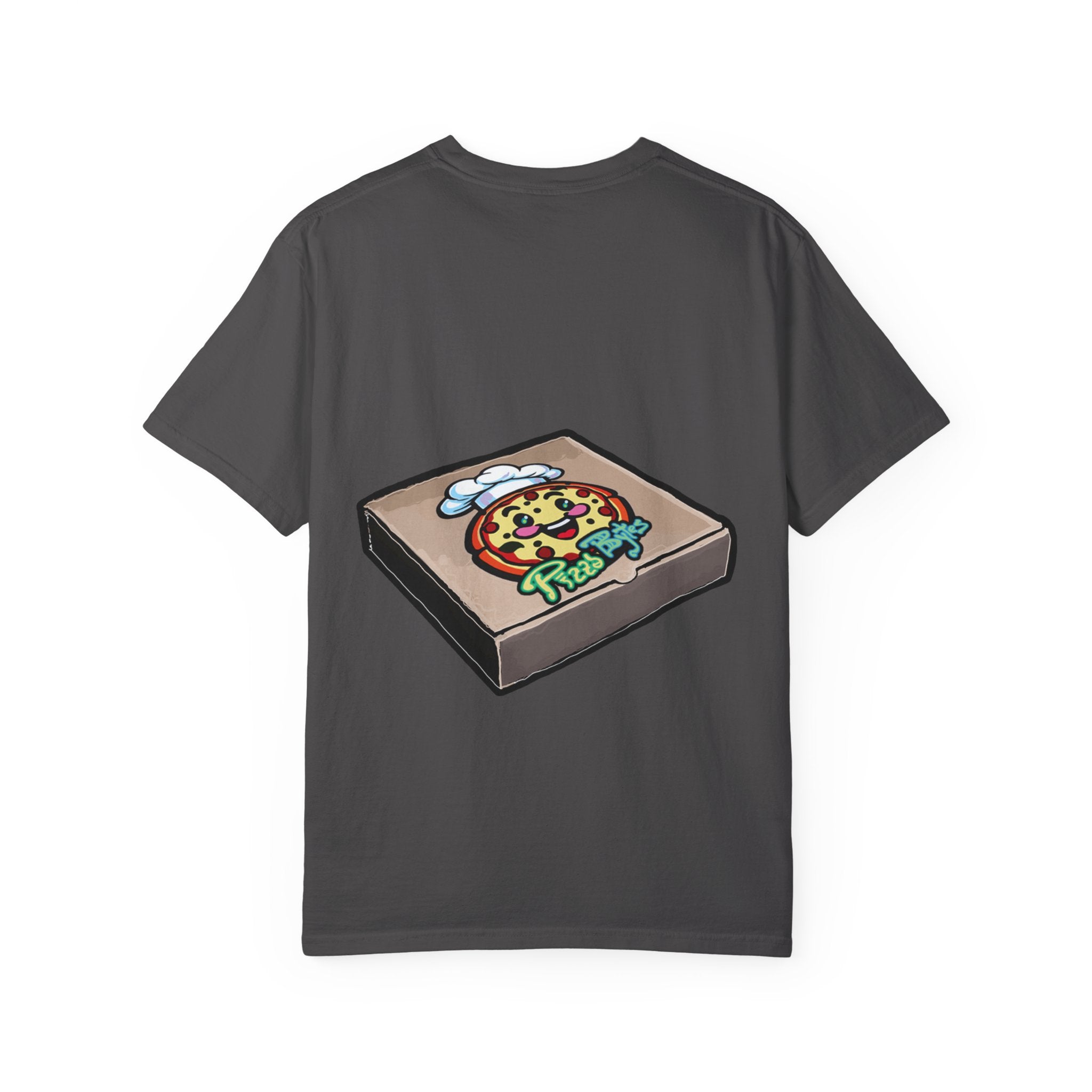 Hand-drawn pepperoni and bullets pizza box t-shirt showing open pizza box with pepperoni pizza surrounded by bullets from PizzaBytes collection

