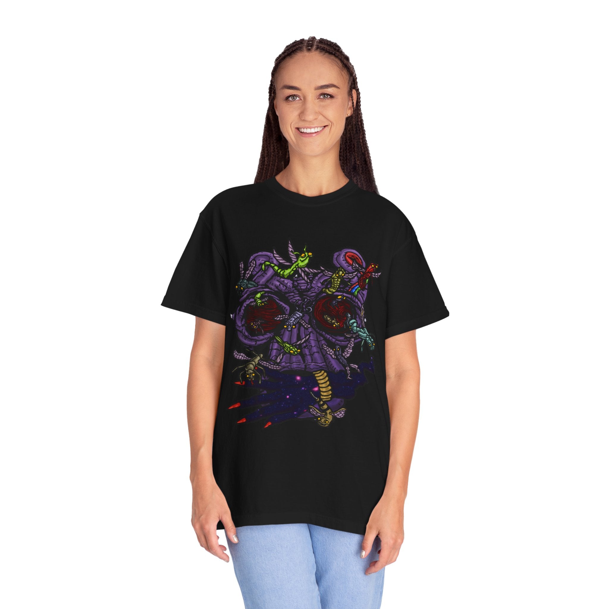 Freaky Features Alien t-shirt, front shows chaotic purple alien tentacles and insect swarm, back shows open pizza box designed as retro TV with pepperoni pizza inside

