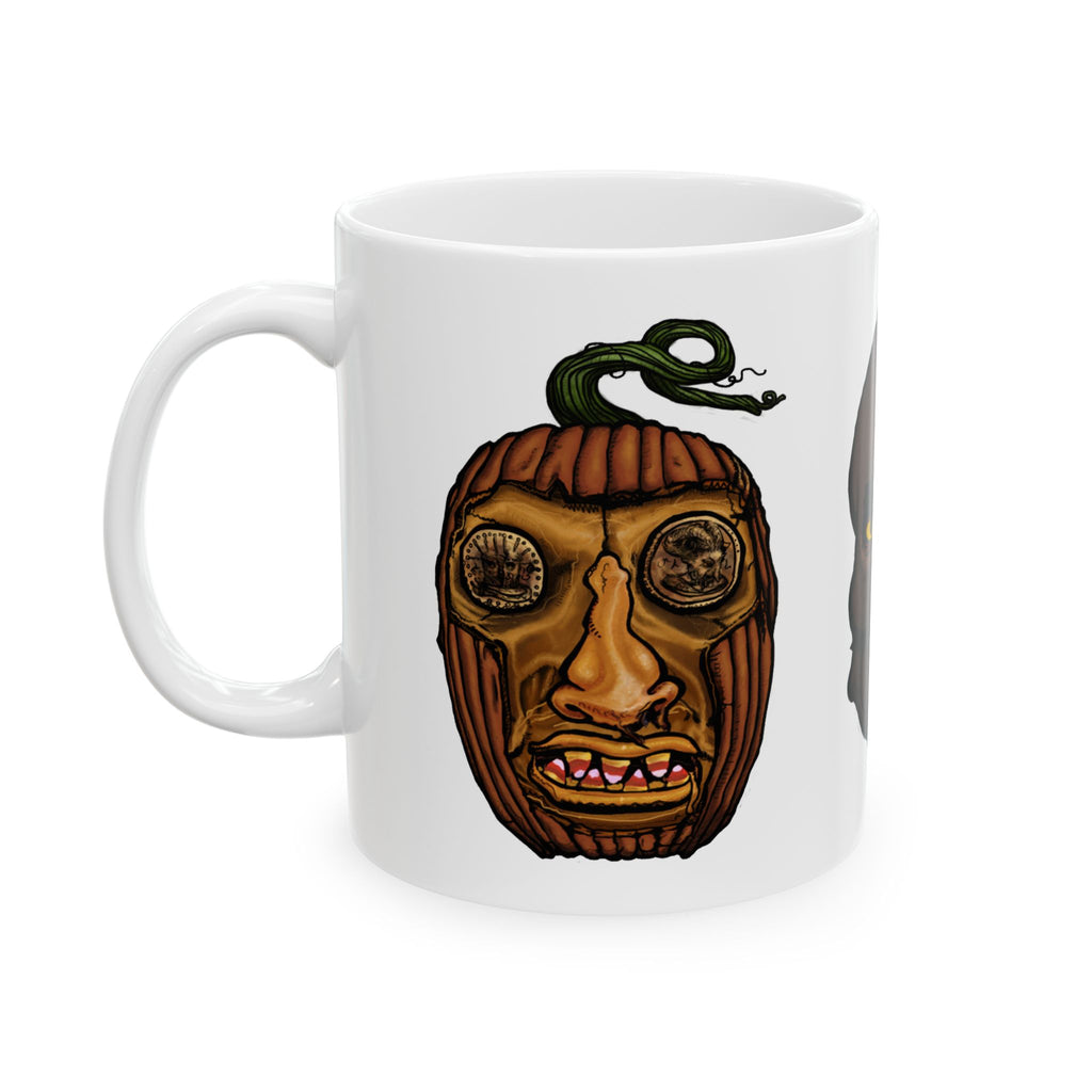 Freaky Features Werewolf Scarecrow PumpkinJack mug showing three monster designs: brown werewolf with yellow eyes, scarecrow with witch hat, and carved pumpkin head on white ceramic mug
