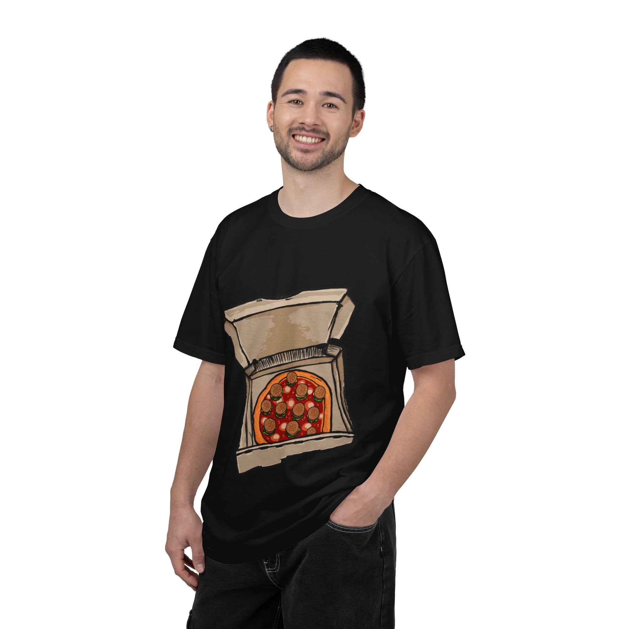 Hand-drawn burger pizza box t-shirt showing open pizza box with pepperoni pizza topped with mini cheeseburgers on Comfort tee from PizzaBytes collection