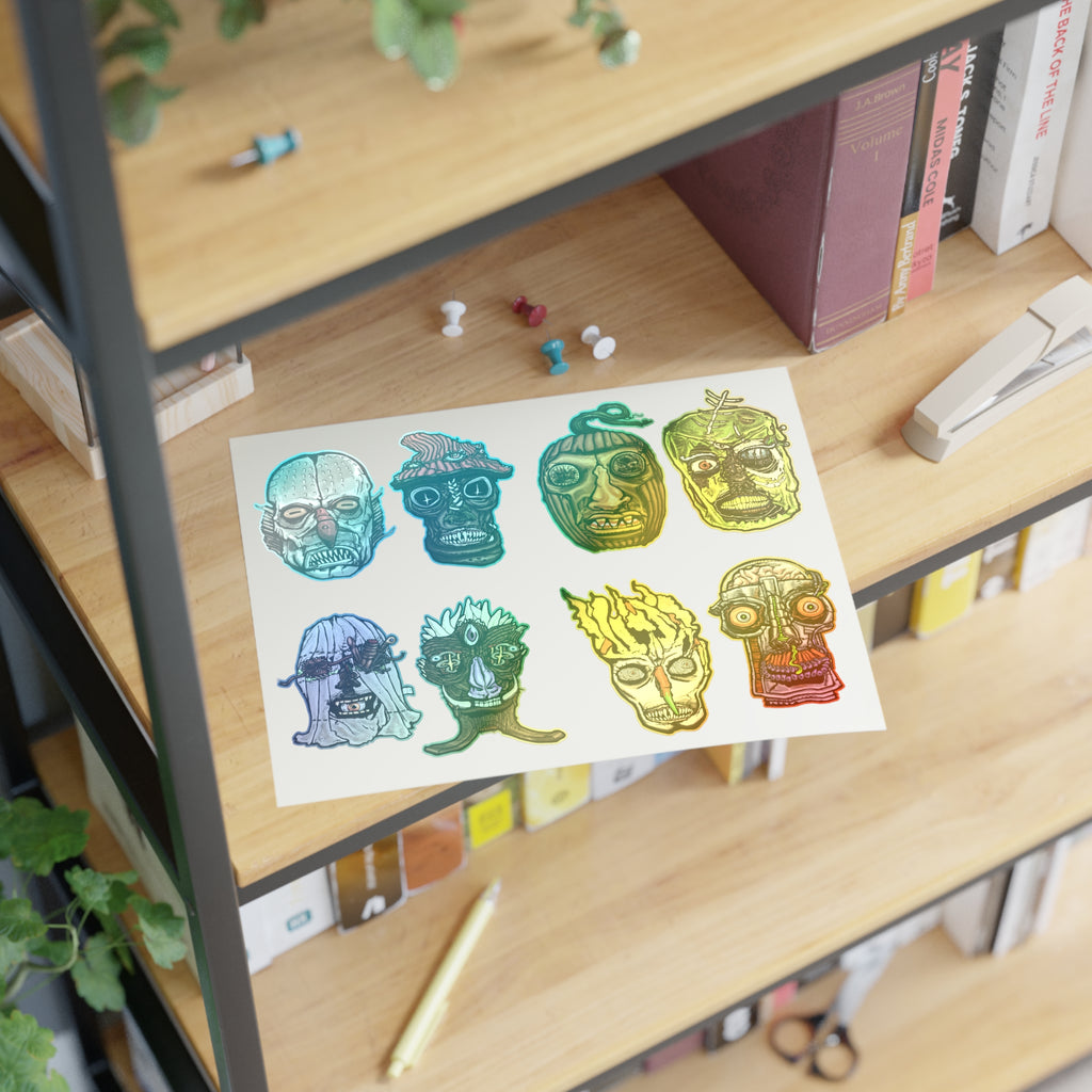 Freaky Features Sticker Sheet Set #2, transparent die-cut sheet with 8 hand-drawn monster heads including Fishman, Mushroom Boy, PumpkinJack, Radioactive Blob, Ghost, Flaming Skull, and Robo Bobo
