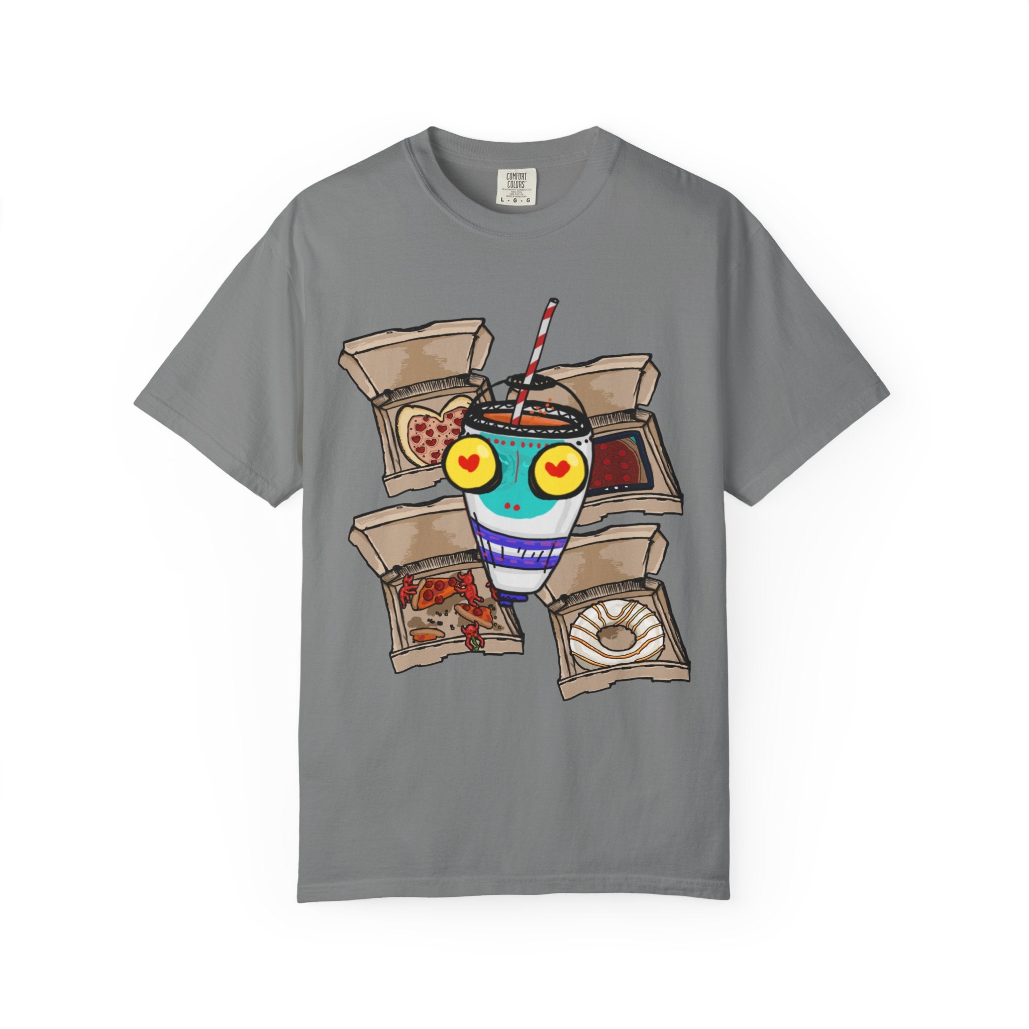 Hand-drawn PizzaBytes Set #4 t-shirt showing a cute blue soda cup monster with heart eyes in front of multiple open pizza boxes from PizzaBytes collection

