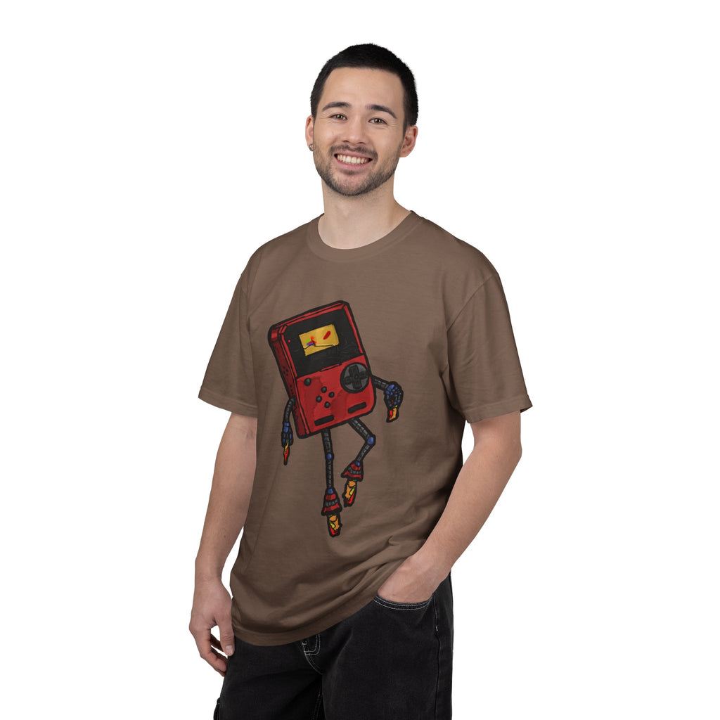 GamerPal t-shirt from Freaky Features showing a red Game Console turned into a walking pizza monster with mechanical limbs on dark gray tee

