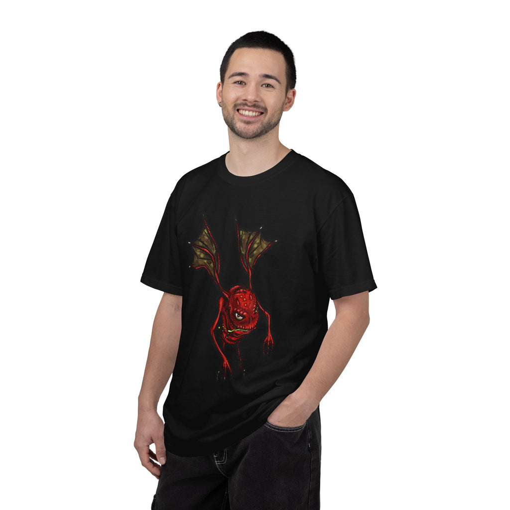 Freaky Features Fire Imp t-shirt, front shows a red bat-winged fire imp, back shows a monster-headed pizza box being raided by little red devils 
