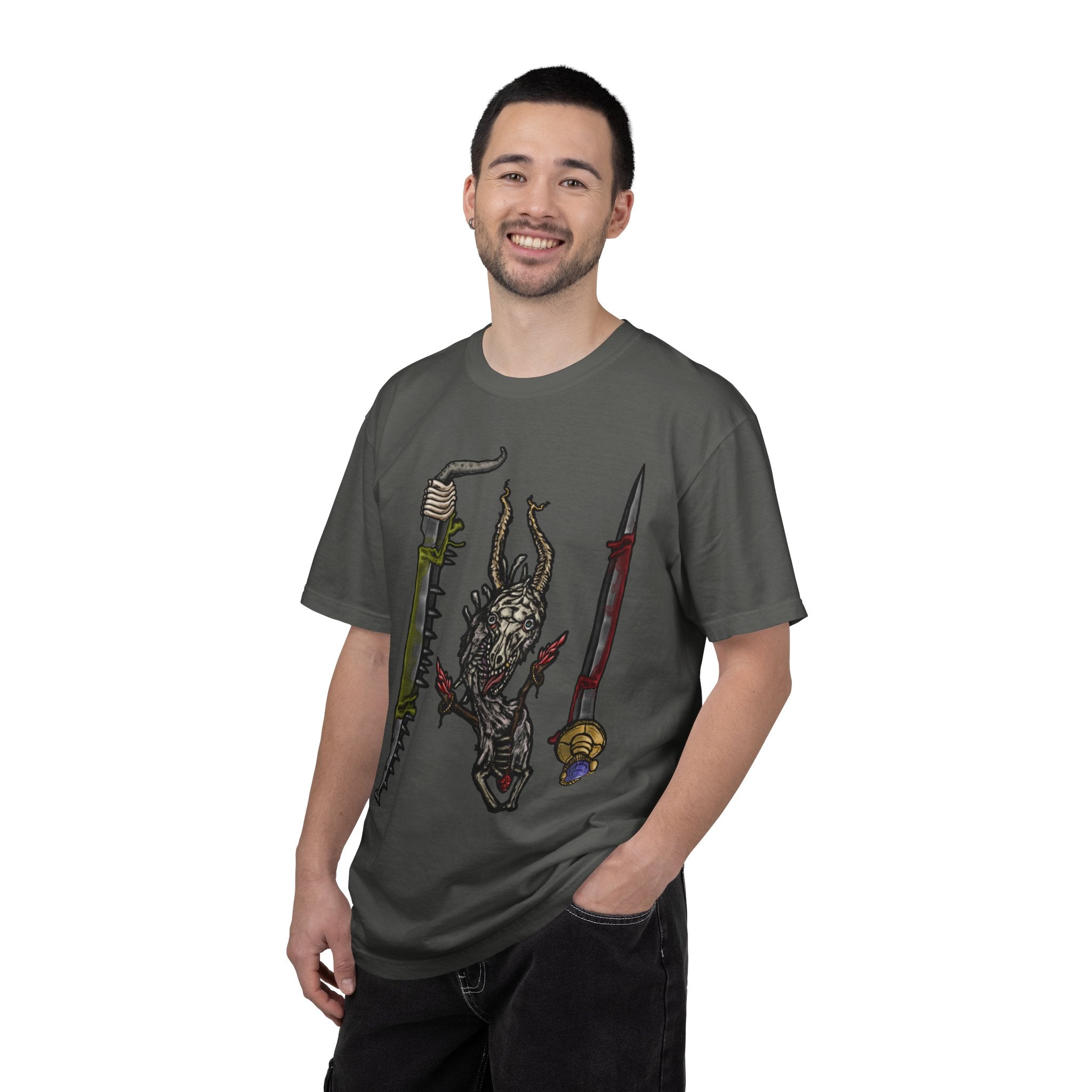 Hand-drawn Item Selection #2 t-shirt from Freaky Features showing a reptilian monster holding a chainsaw sword, bloody dagger and twisted staff on cream tee

