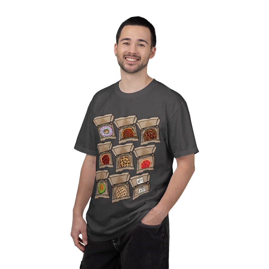 Hand-drawn PizzaBytes Set #3 t-shirt showing a 3x3 grid of open pizza boxes with various weird pizzas including rainbow donut, cherry pie and NFT from PizzaBytes collection

