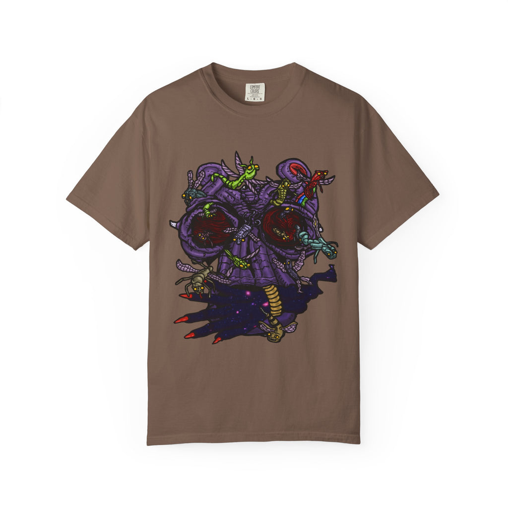 Freaky Features Alien t-shirt, front shows chaotic purple alien tentacles and insect swarm, back shows open pizza box designed as retro TV with pepperoni pizza inside

