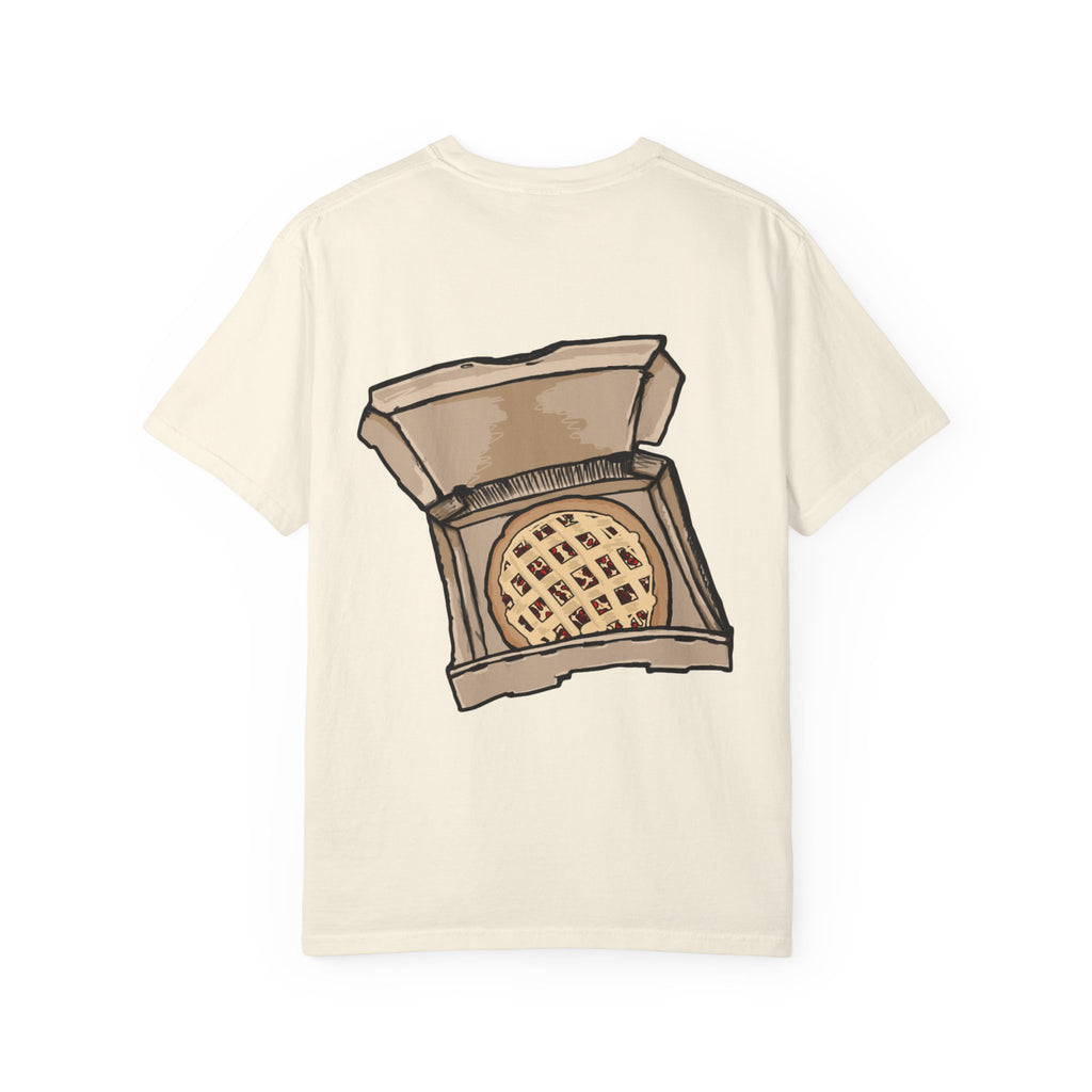 Freaky Features Scarecrow t-shirt, front shows creepy scarecrow head with witch hat and mismatched eyes, back shows open pizza box with lattice cherry pie
