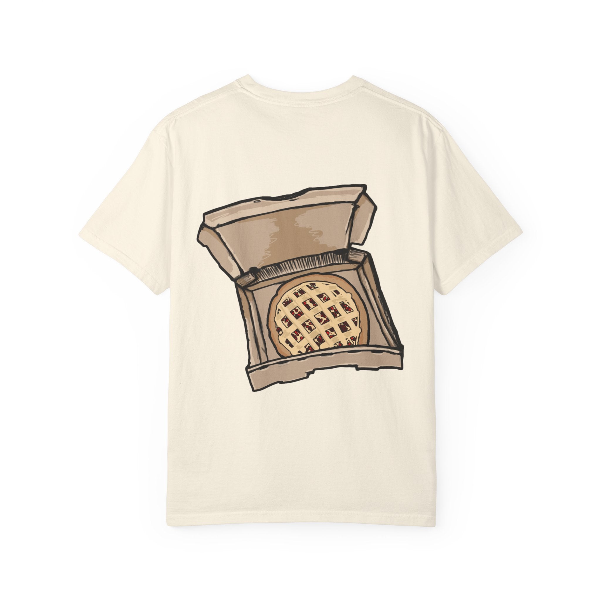 Freaky Features Scarecrow t-shirt, front shows creepy scarecrow head with witch hat and mismatched eyes, back shows open pizza box with lattice cherry pie
