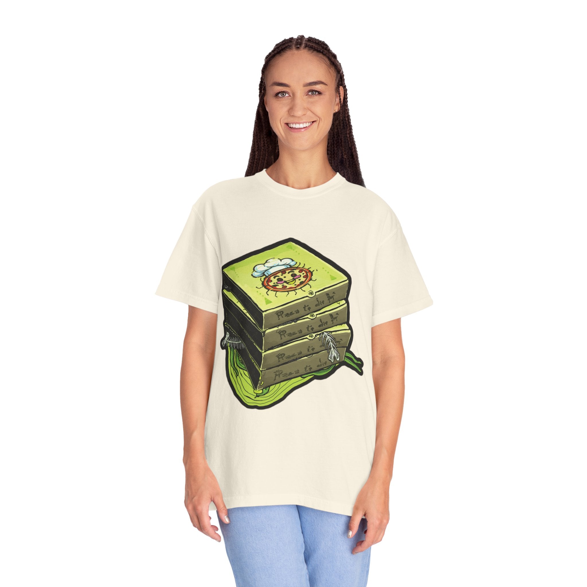 Hand-drawn toxic pizza stack t-shirt with glowing green pizza character and slimy tentacle on tee from PizzaBytes collection