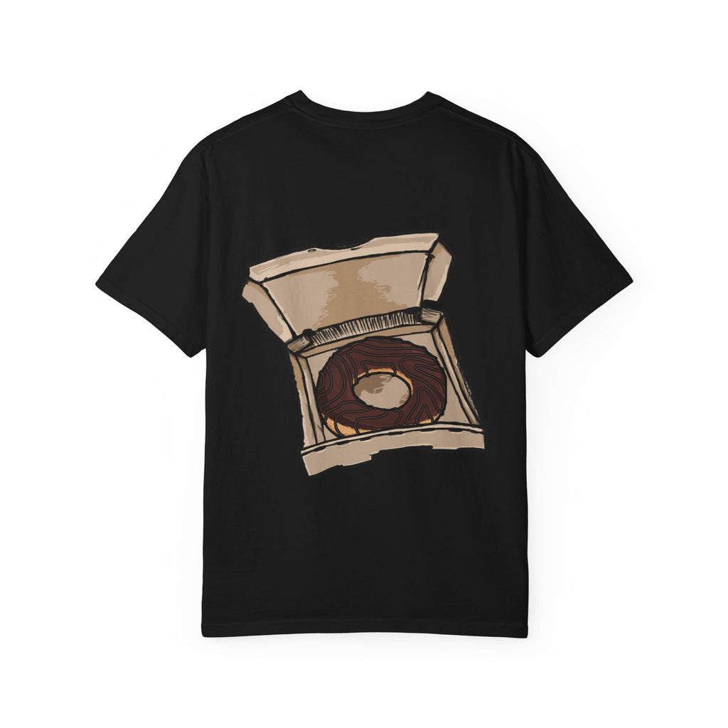 Freaky Features Paranoid Chicken t-shirt, front shows paranoid rooster head, back shows open pizza box with chocolate donut