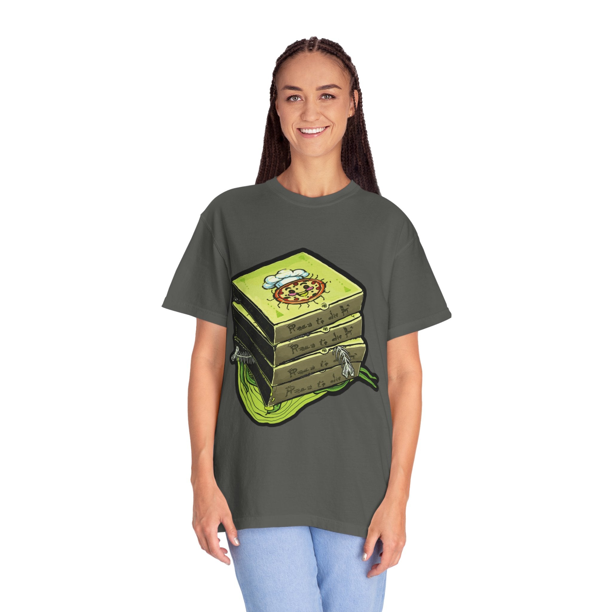 Hand-drawn toxic pizza stack t-shirt with glowing green pizza character and slimy tentacle on tee from PizzaBytes collection