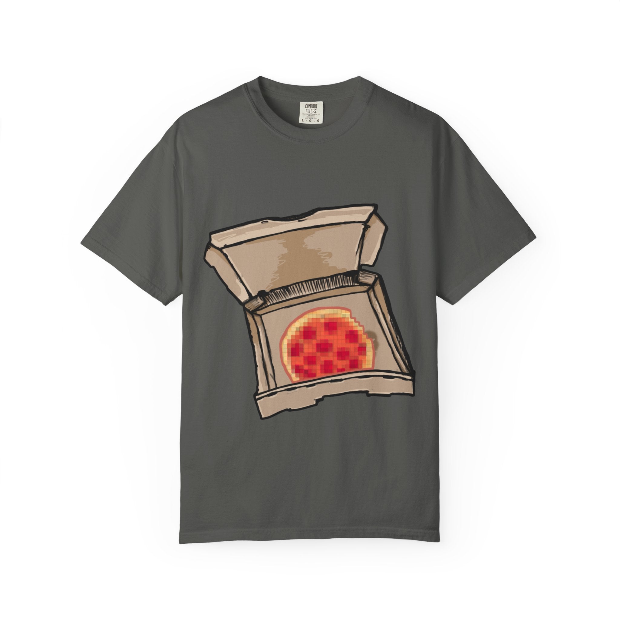 Hand-drawn pixel pizza box t-shirt showing open pizza box with 8-bit pixel art pepperoni pizza from PizzaBytes collection


