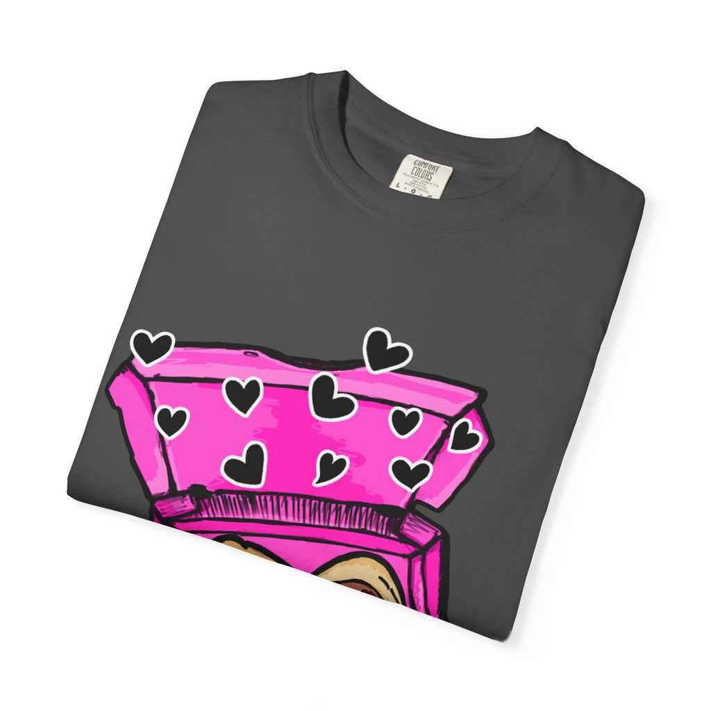 Hand-drawn heart pizza box t-shirt with pink pizza box, heart-shaped pepperoni pizza and floating black hearts on Comfort Color tee from PizzaBytes collection
