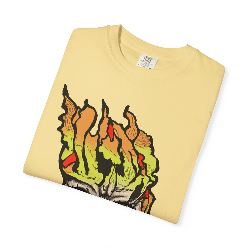 Freaky Features Flaming Skull t-shirt, front shows flaming skull with hypnotic eyes and chili nose, back shows open pizza box with loaded pepperoni pizza
