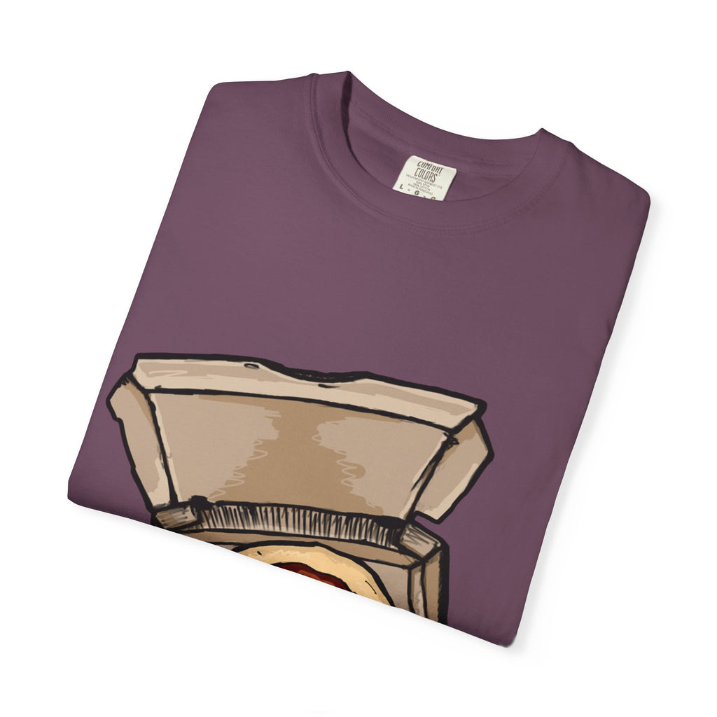 Hand-drawn mozzarella pizza box t-shirt showing open pizza box with red sauce and mozzarella cheese from PizzaBytes collection

