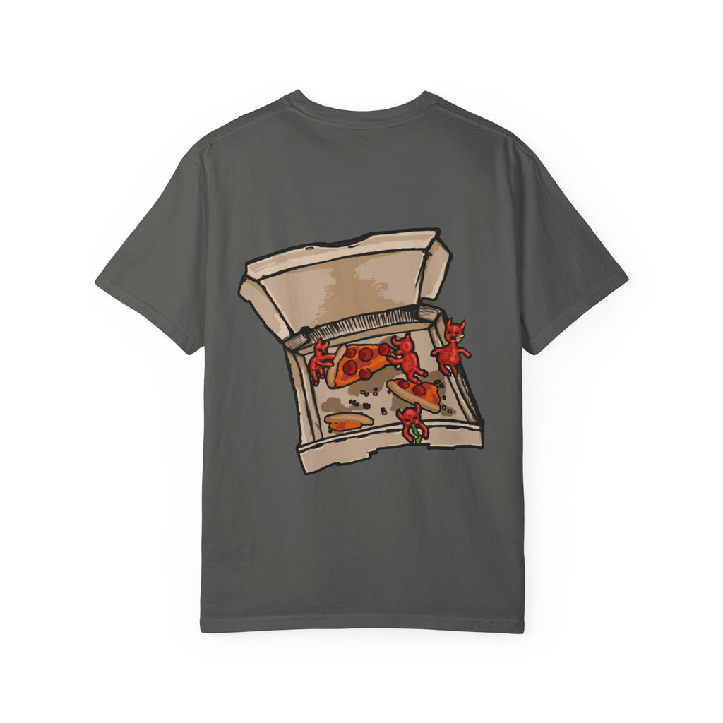 Freaky Features Demon t-shirt, front shows red demon head with horns and glowing eyes, back shows open pizza box being raided by little red devils
