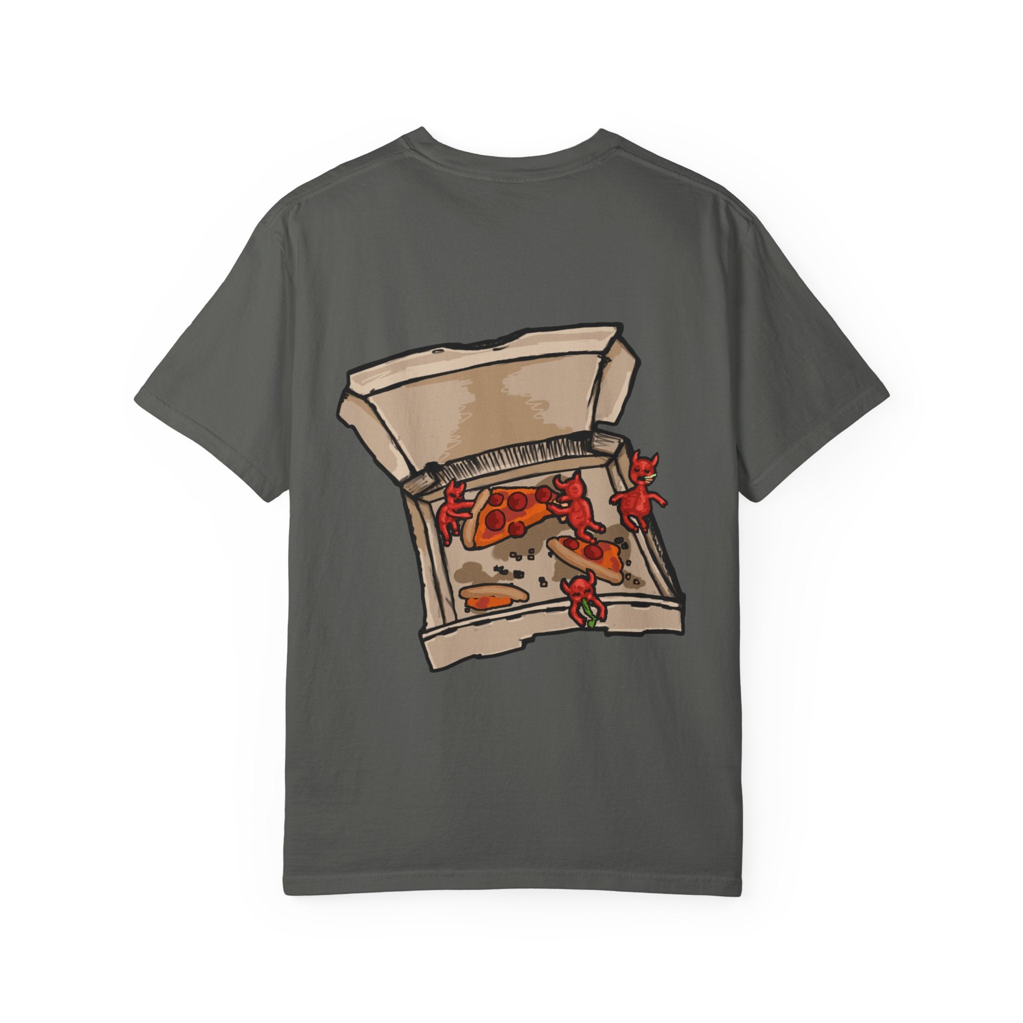 Freaky Features Demon t-shirt, front shows red demon head with horns and glowing eyes, back shows open pizza box being raided by little red devils

