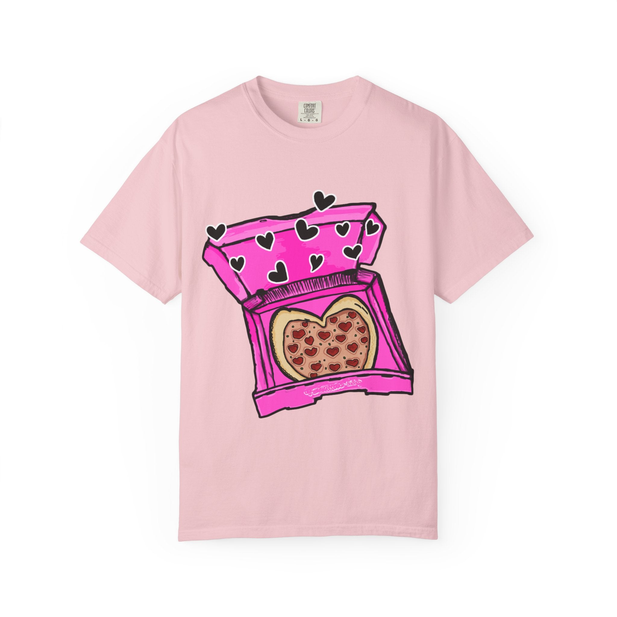 Hand-drawn heart pizza box t-shirt with pink pizza box, heart-shaped pepperoni pizza and floating black hearts on Comfort Color tee from PizzaBytes collection


