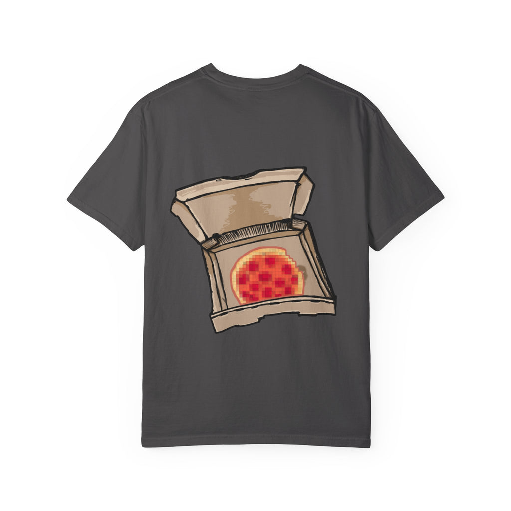 GamerPal t-shirt from Freaky Features showing a red Game Console turned into a walking pizza monster with mechanical limbs on dark gray tee
Paired with the GamerPal front design, this creates a complete story: your Game Console monster just ordered takeout… and it’s pixelated perfection.


