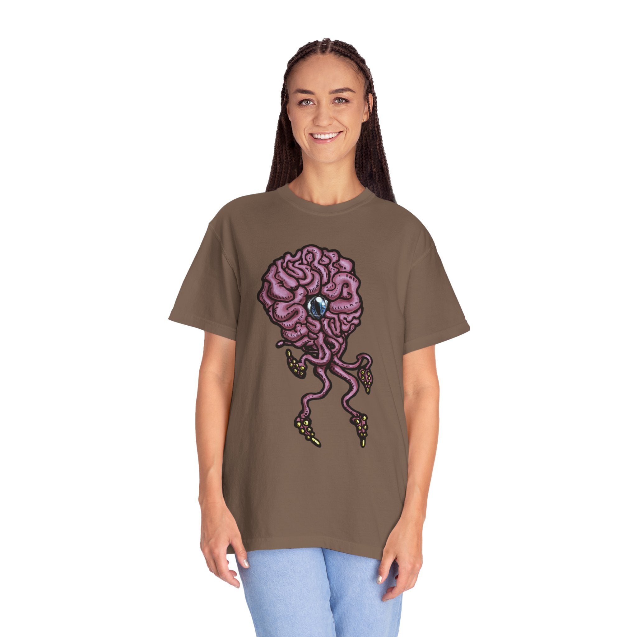 Freaky Features Brian t-shirt, front shows purple brain monster with tentacles, back shows open purple pizza box with a donut inside