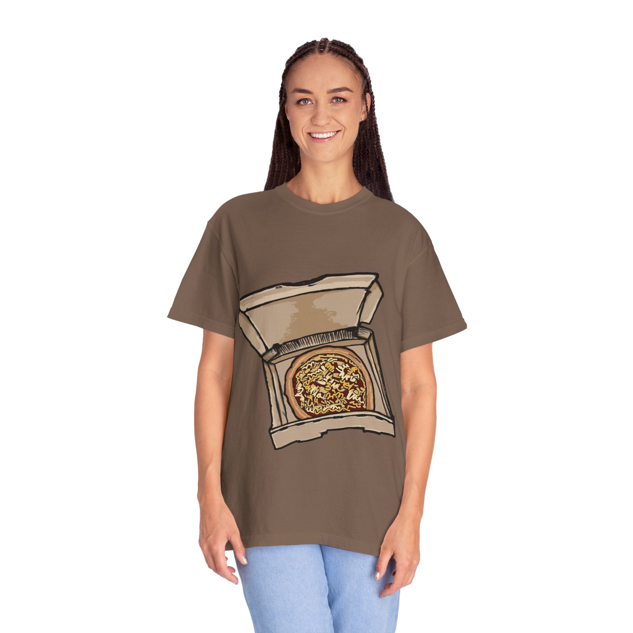 Hand-drawn noodle pizza box t-shirt showing open pizza box with pizza topped with crispy noodles from PizzaBytes collection

