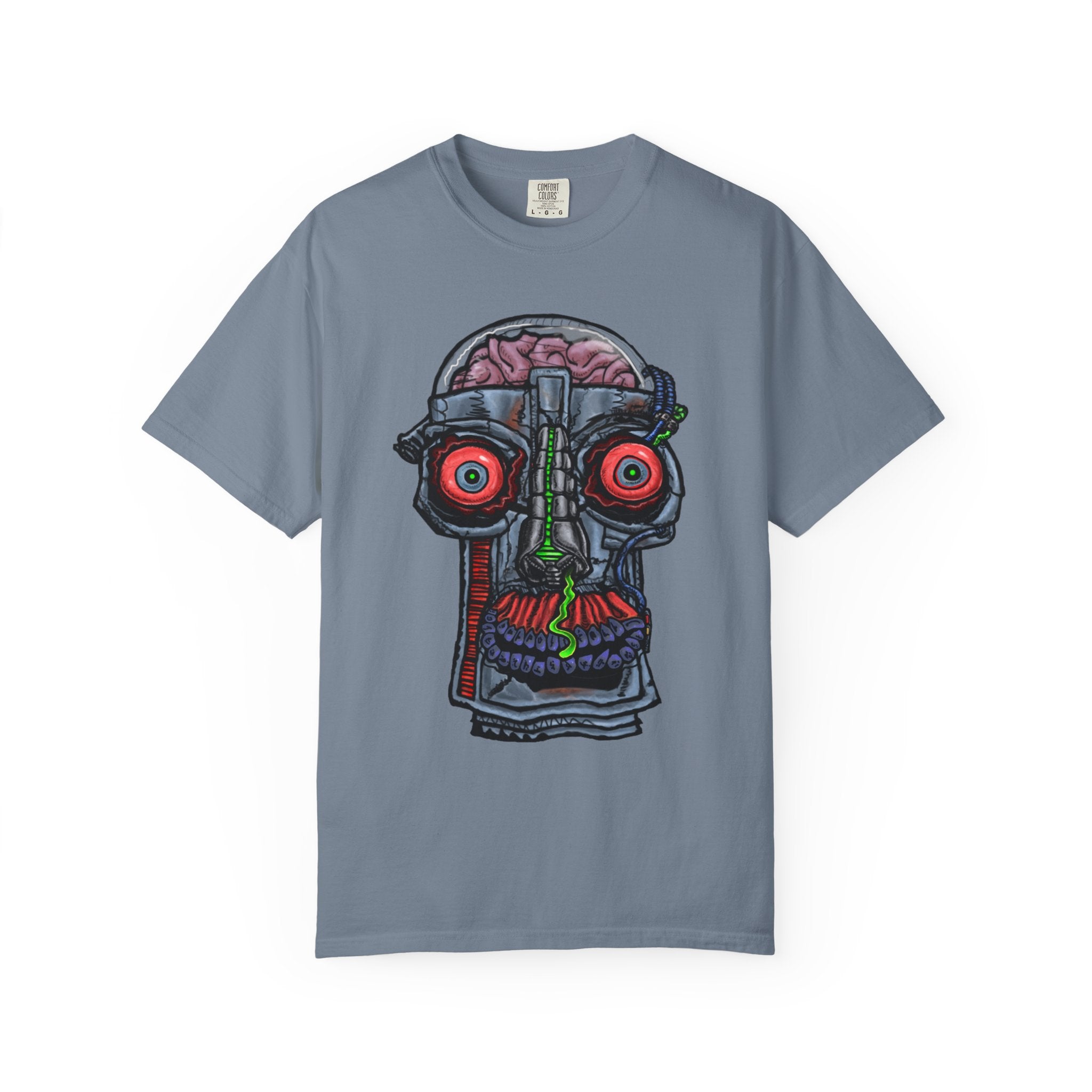 Freaky Features Robo Bobo t-shirt, front shows cybernetic robot skull with exposed brain and glowing eyes, back shows open pizza box with 8-bit pixel pepperoni pizza

