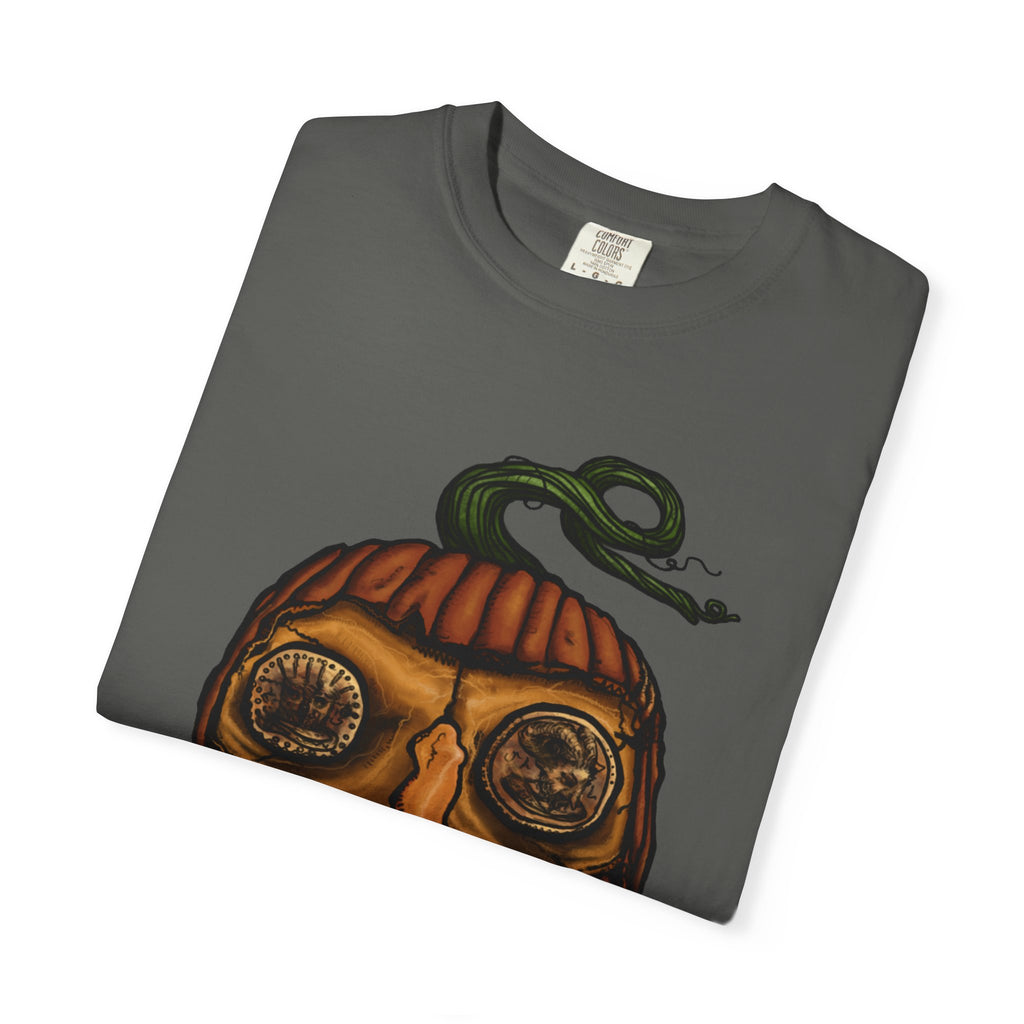Freaky Features PumpkinJack t-shirt, front shows creepy pumpkin head with vine and candy-corn teeth, back shows open pizza box with two calzones inside