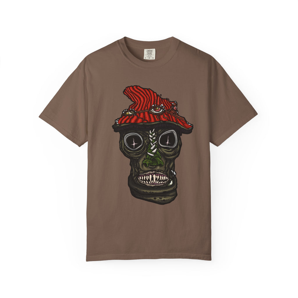 Freaky Features Mushroom Boy t-shirt, front shows grotesque mushroom skull with red cap and multiple eyes, back shows open pizza box with rainbow sprinkle donut

