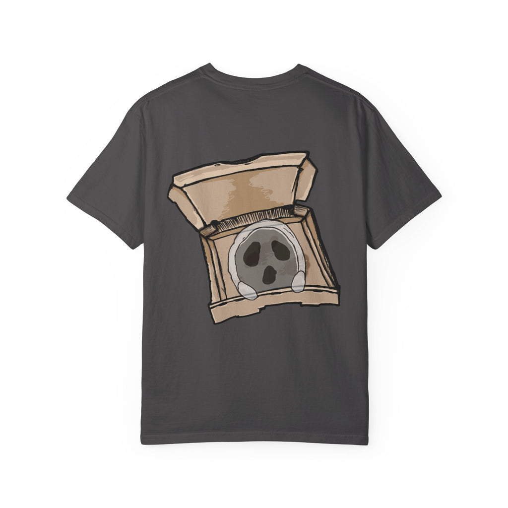Freaky Features Ghost t-shirt, front shows creepy ghost hood with weapons and screaming eye mouth, back shows open pizza box with floating ghost face
