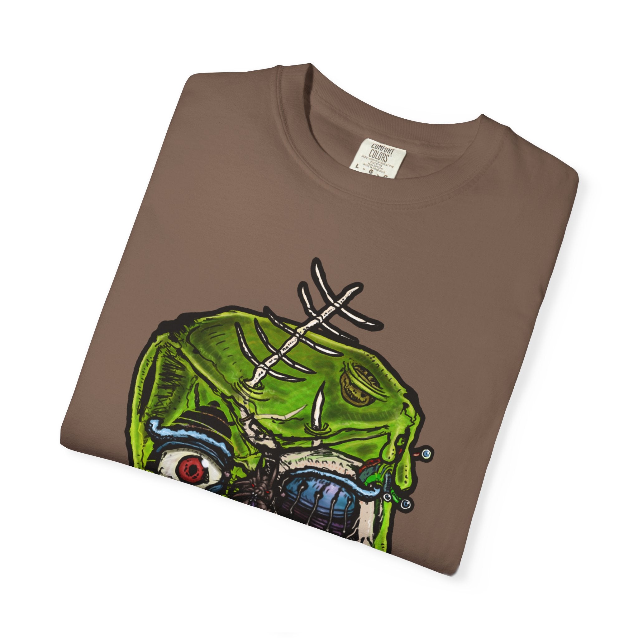Freaky Features Radioactive Blob t-shirt, front shows neon green radioactive blob monster with cracked skull and glowing eyes, back shows open pizza box with glowing green jelly
