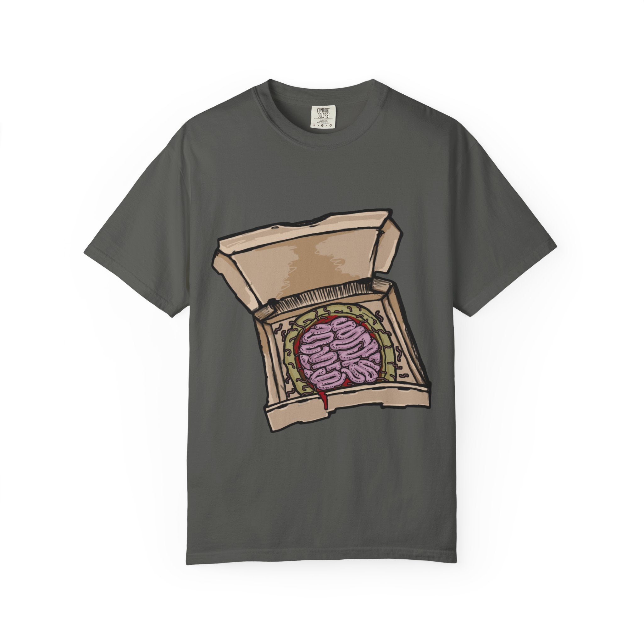 Hand-drawn brain pizza box t-shirt showing open pizza box with a detailed human brain pizza from PizzaBytes collection

