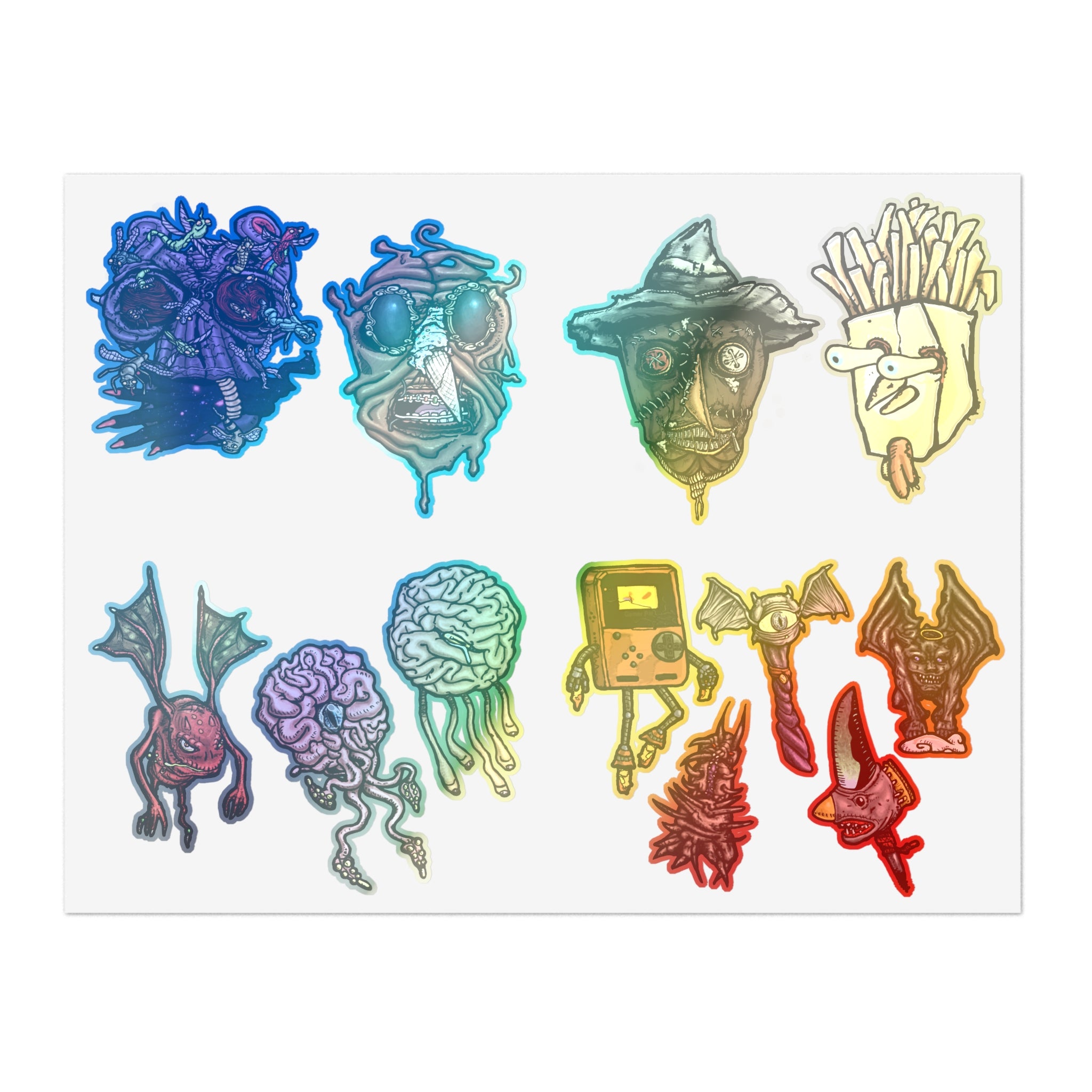 Freaky Features Sticker Sheet Set #3 , transparent die-cut sheet with 12 hand-drawn monsters and creatures including alien swarm, melting chocolate head, scarecrow, french fry box, walking Game Boy ( Gamerpal) , brains, and various weird weapons/creatures
