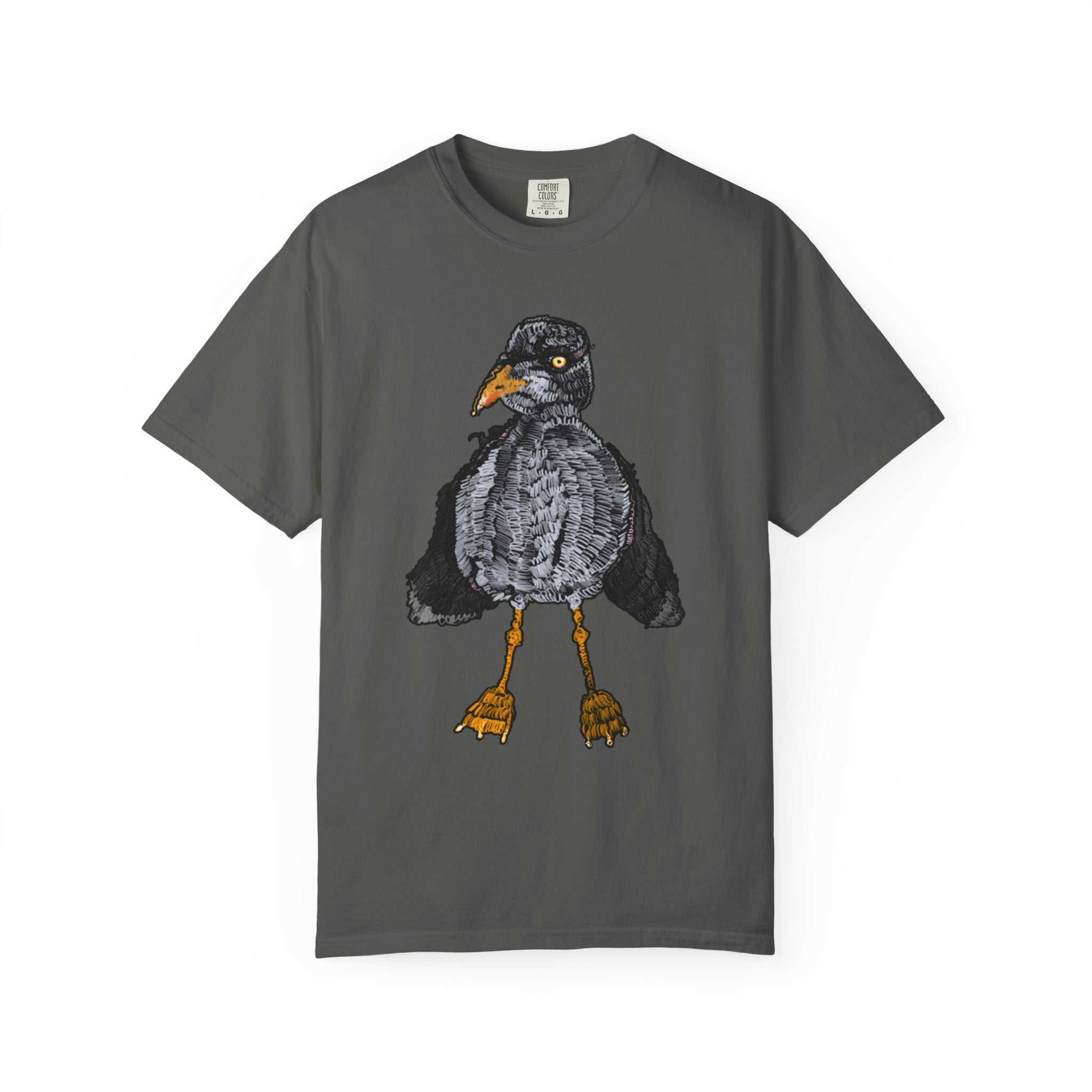 Hand-drawn crocheted staring seagull t-shirt with textured feathers, intense yellow eye and orange legs on Comfort Colors tee from PizzaBytes collection
