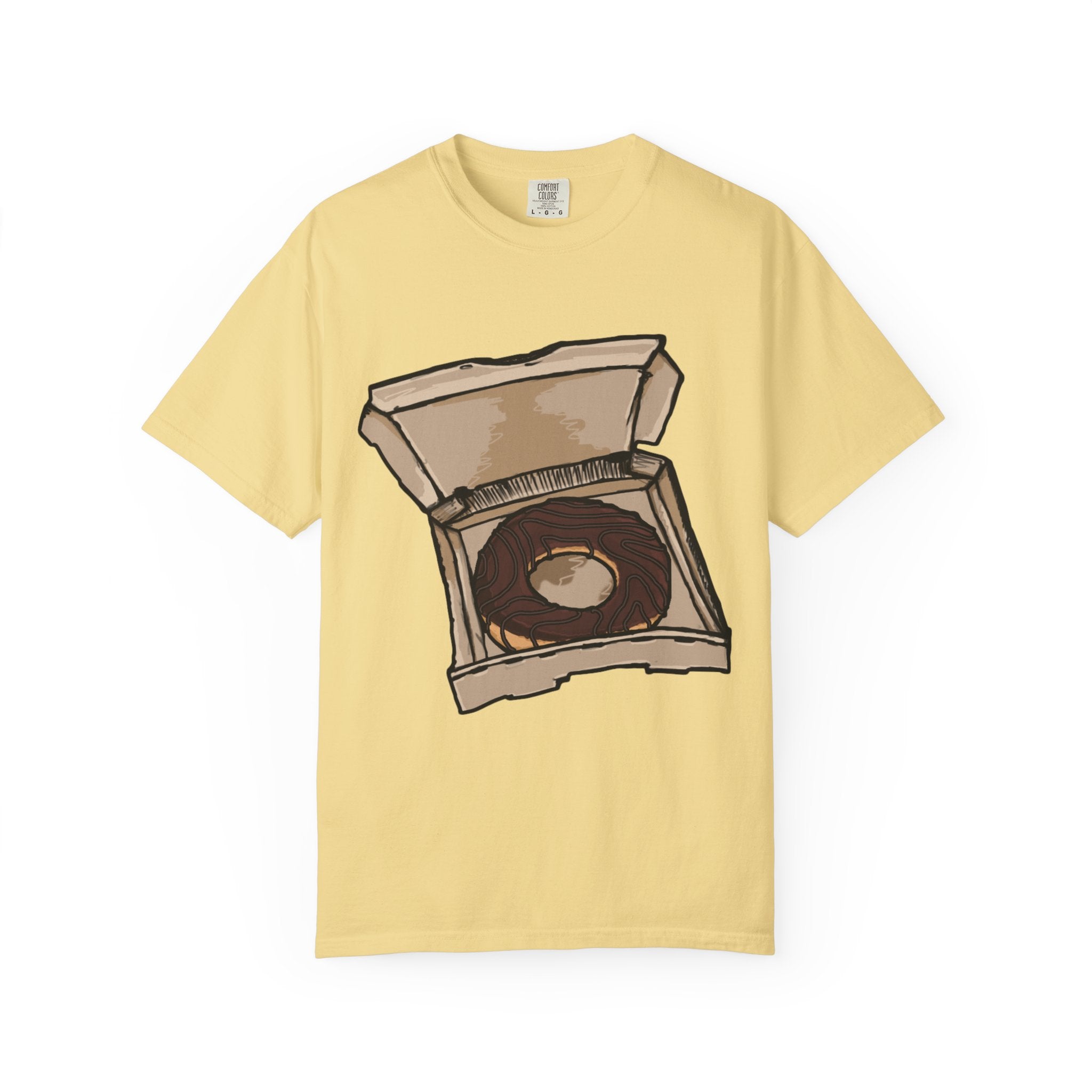 Hand-drawn donut pizza box t-shirt showing open pizza box with chocolate glazed donut from PizzaBytes collection

