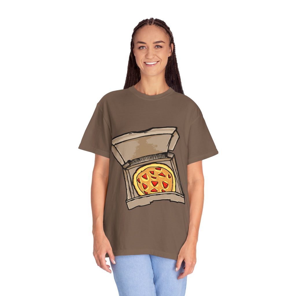 Hand-drawn gold pizza box t-shirt showing open pizza box with gold pizza and red diamond toppings from PizzaBytes collection

