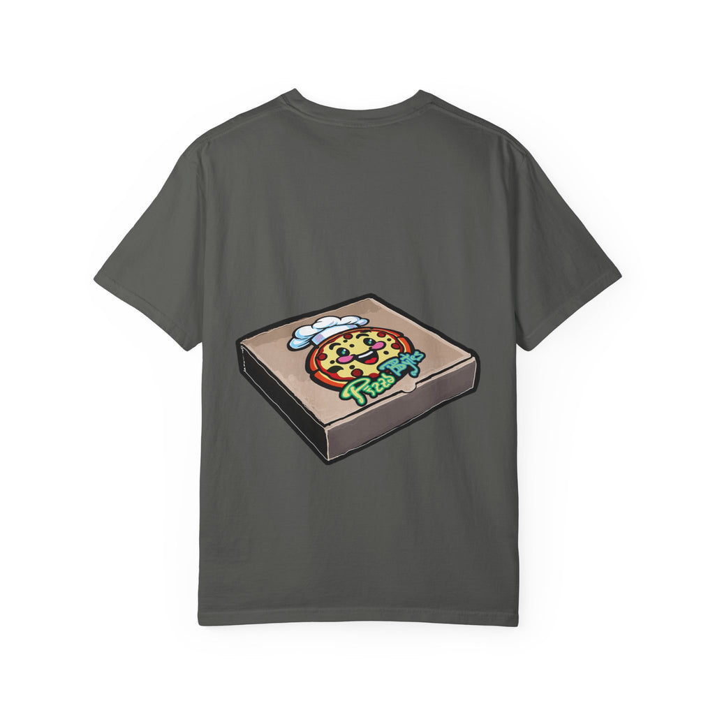 Hand-drawn pixel pizza box t-shirt showing open pizza box with 8-bit pixel art pepperoni pizza from PizzaBytes collection

