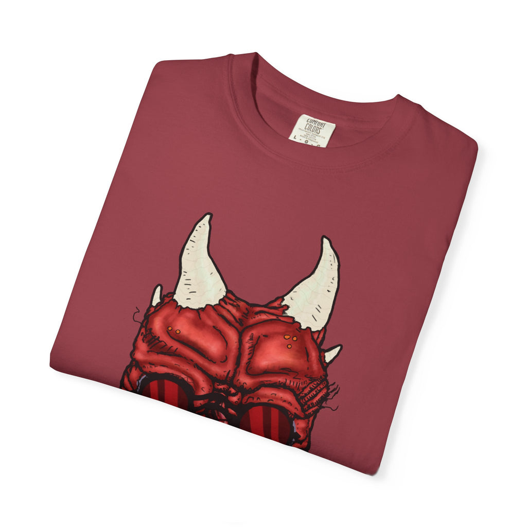 Freaky Features Demon t-shirt, front shows red demon head with horns and glowing eyes, back shows open pizza box being raided by little red devils
