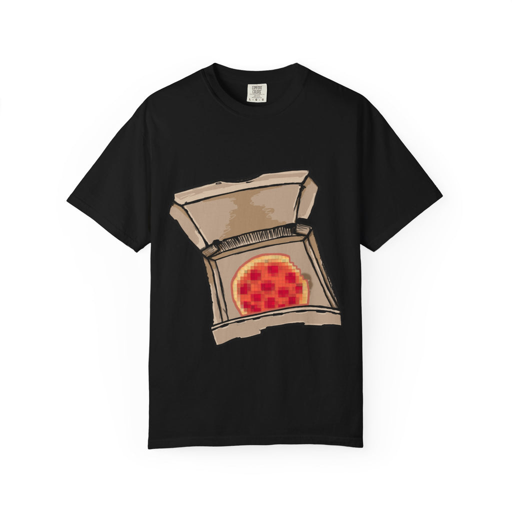 Hand-drawn pixel pizza box t-shirt showing open pizza box with 8-bit pixel art pepperoni pizza from PizzaBytes collection

