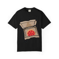 Hand-drawn pixel pizza box t-shirt showing open pizza box with 8-bit pixel art pepperoni pizza from PizzaBytes collection

