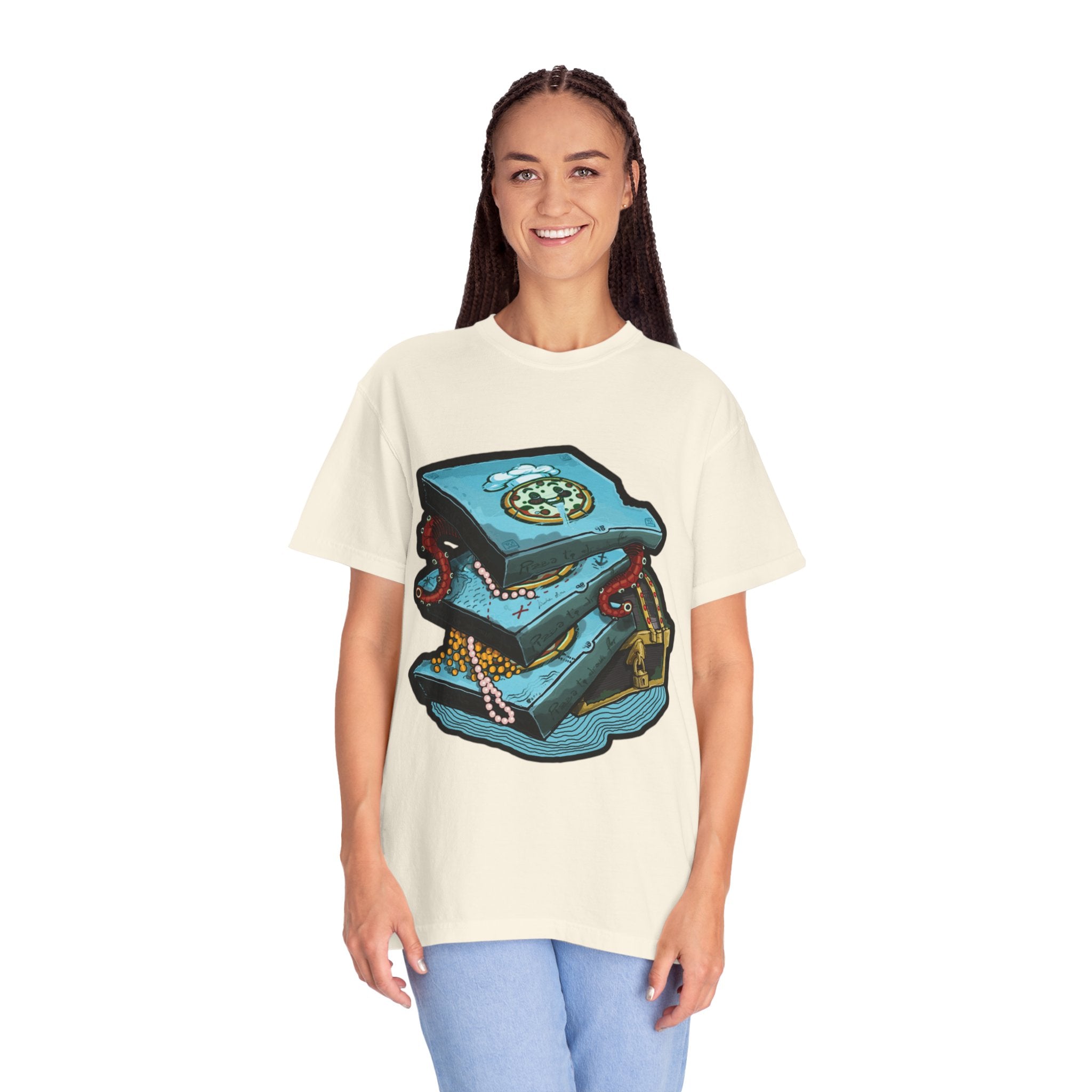 Hand-drawn pizza treasure chest t-shirt with stacked pizza boxes, gold coins, pearls, red octopus tentacles and pirate chest on Comfort Colors tee from PizzaBytes collection