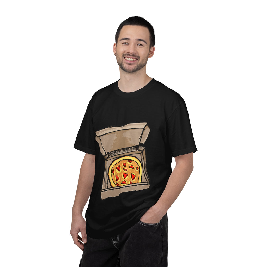 Hand-drawn gold pizza box t-shirt showing open pizza box with gold pizza and red diamond toppings from PizzaBytes collection

