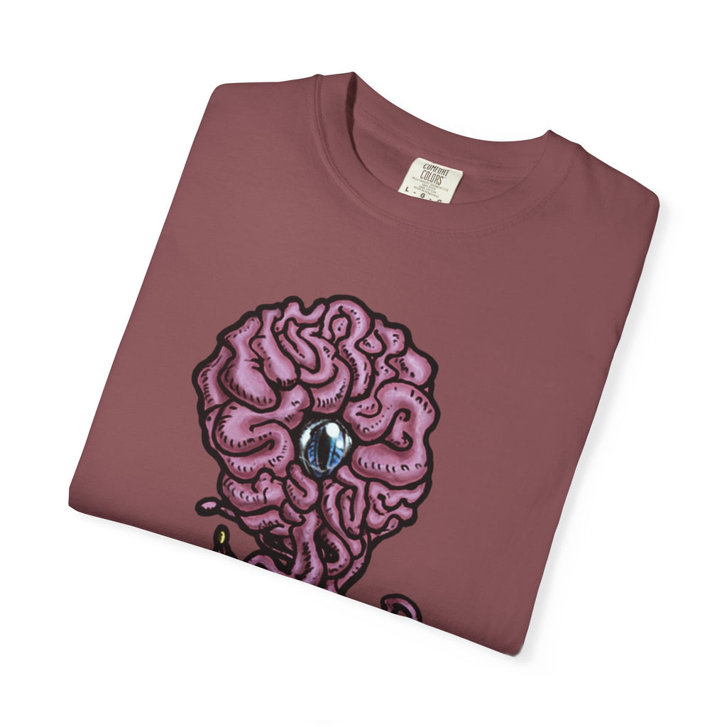 Freaky Features Brian t-shirt, front shows purple brain monster with tentacles, back shows open purple pizza box with a donut inside