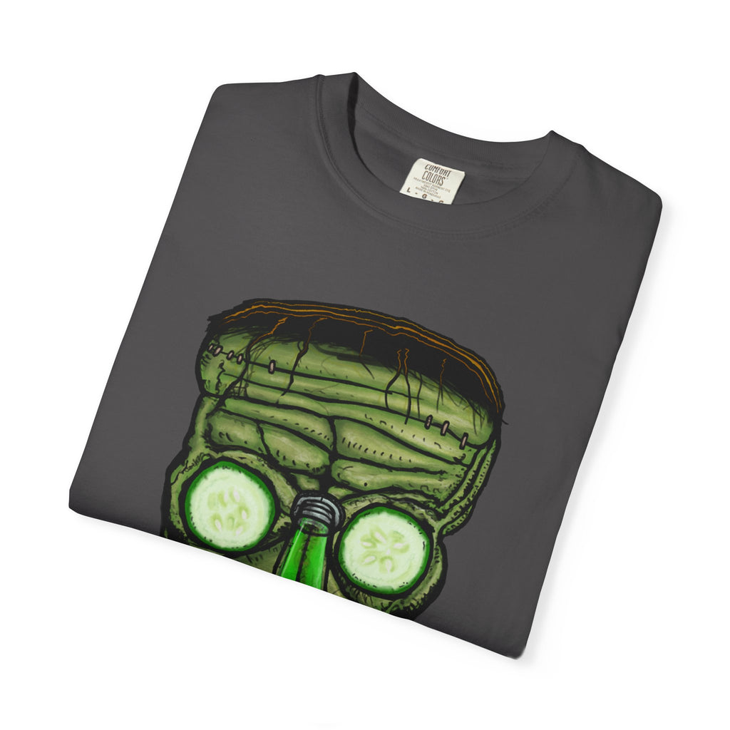Freaky Features Franky t-shirt, front shows Frankenstein-style monster head with cucumber eyes and poison vial nose, back shows monster-headed pizza box with green pizza frisbee